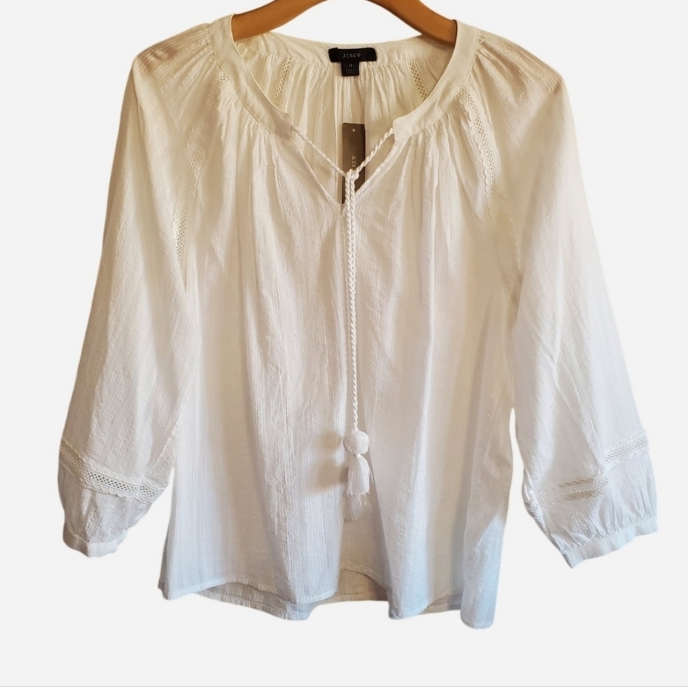Jcrew Womens White Peasant Top Tassel Tie Neck Size M Coastal Cottage Boho beach